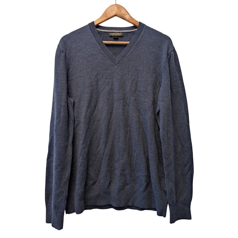 Banana Republic Mens XL Blue Extra Fine Merino Wool V-Neck Sweater Heathered